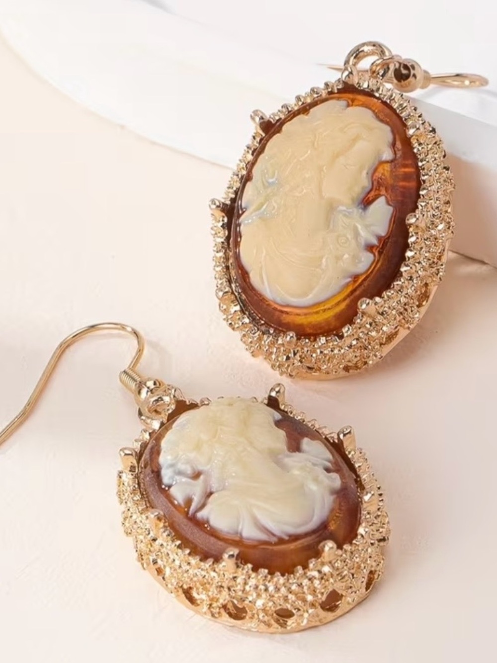 Gold-Tone Cameo Drop Earrings in Cream and Brown